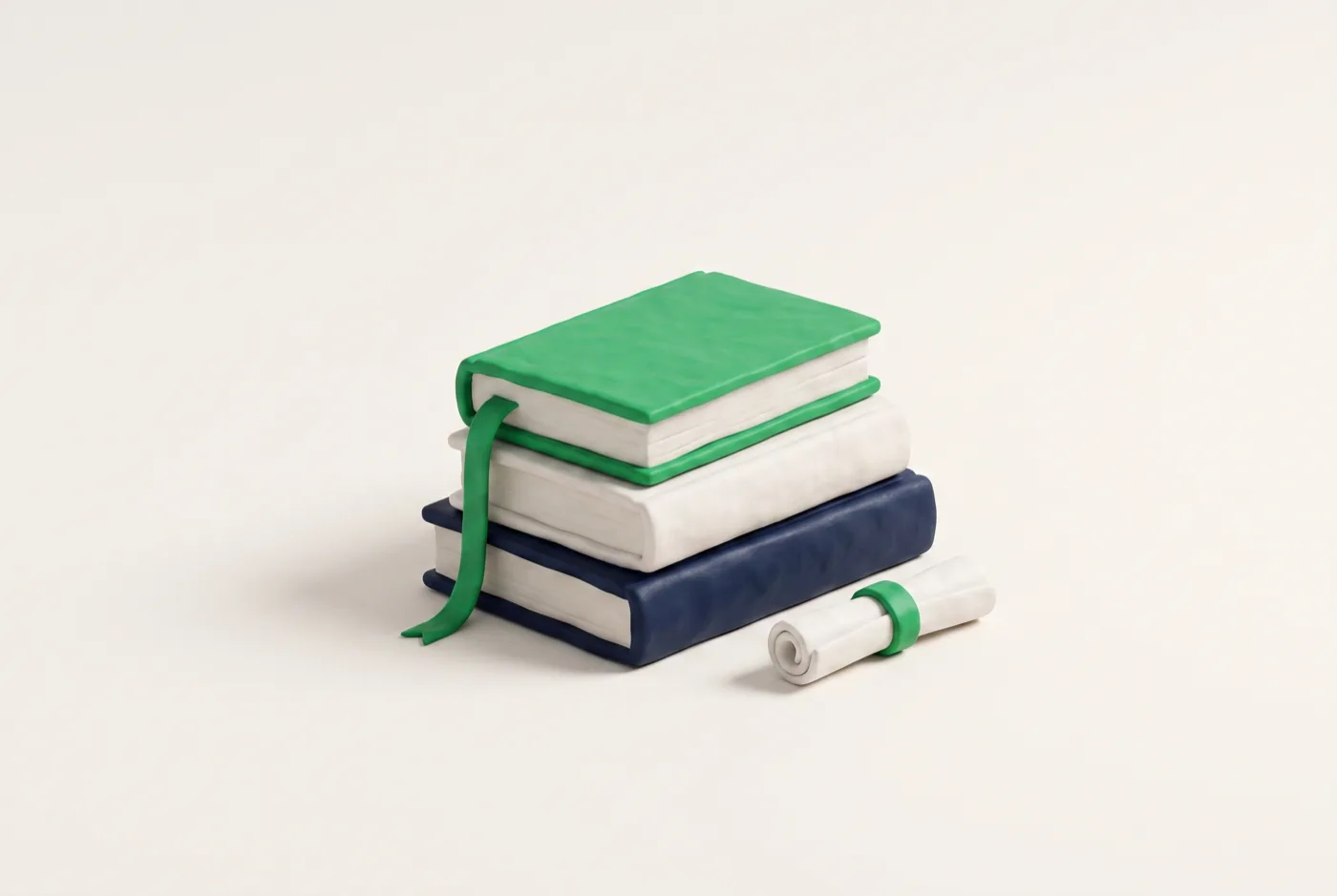 Tre libri in plastilina impilati, con segnalibro a nastro verde e un piccolo diploma arrotolato